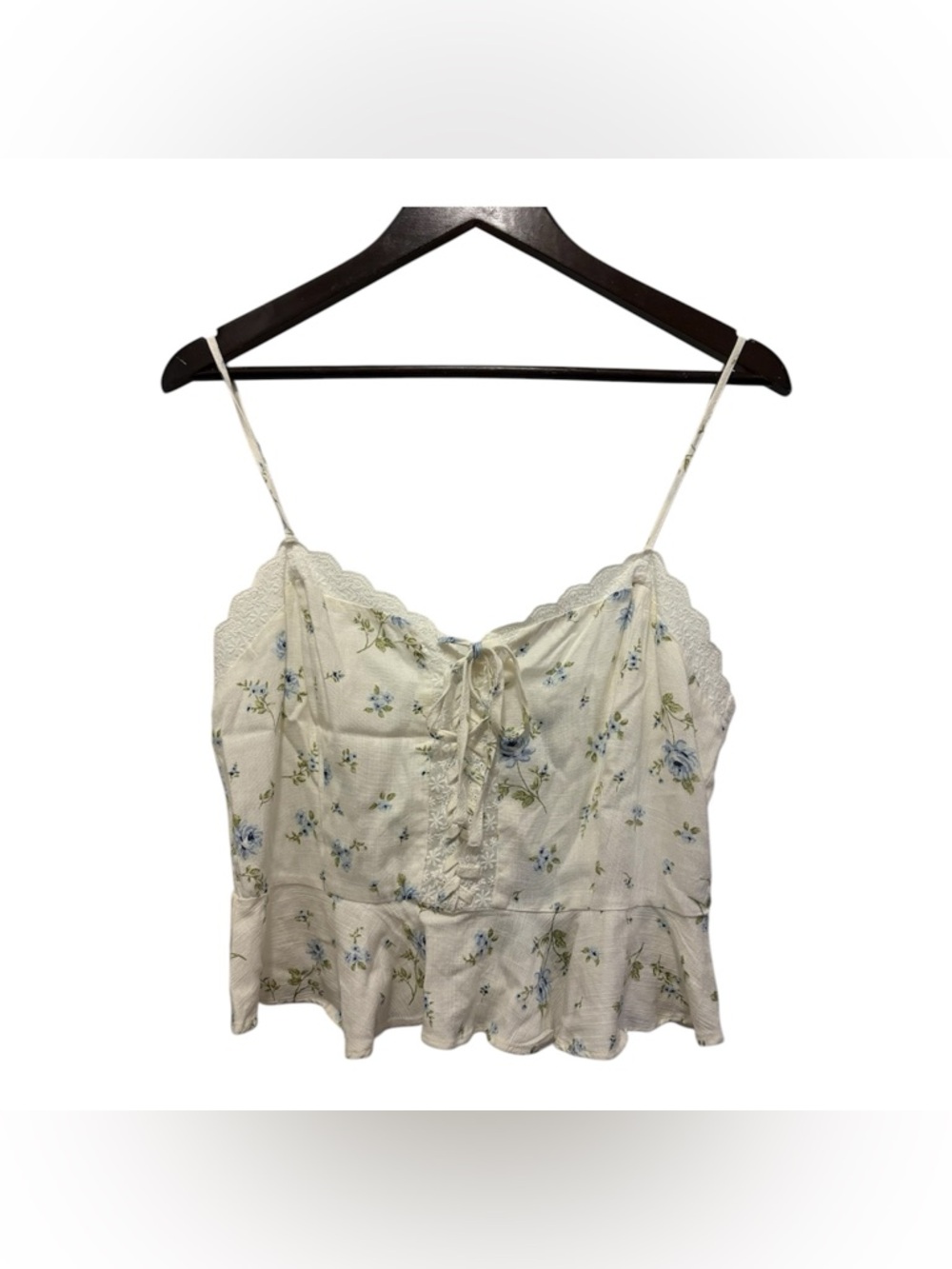 Forever 21 White Floral Lace-Trim Cami with Blue Flowers